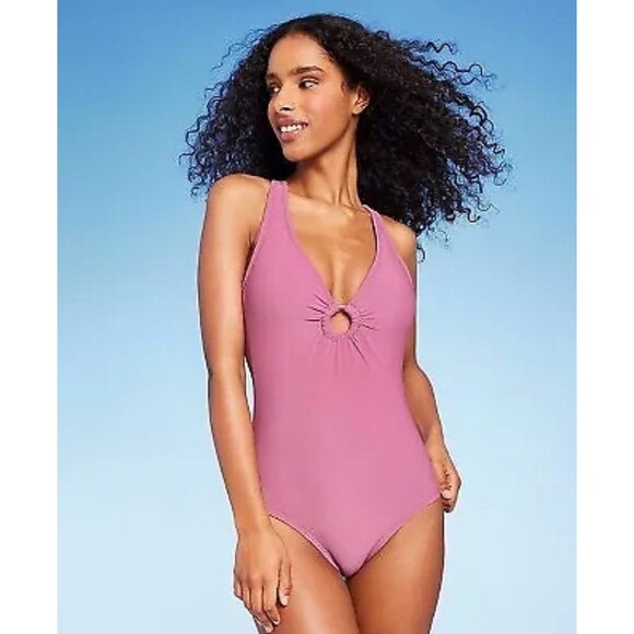 NWT Shade & Shore Ribbed Plunge Ring Detail One Piece Swimsuit - Picture 1 of 3